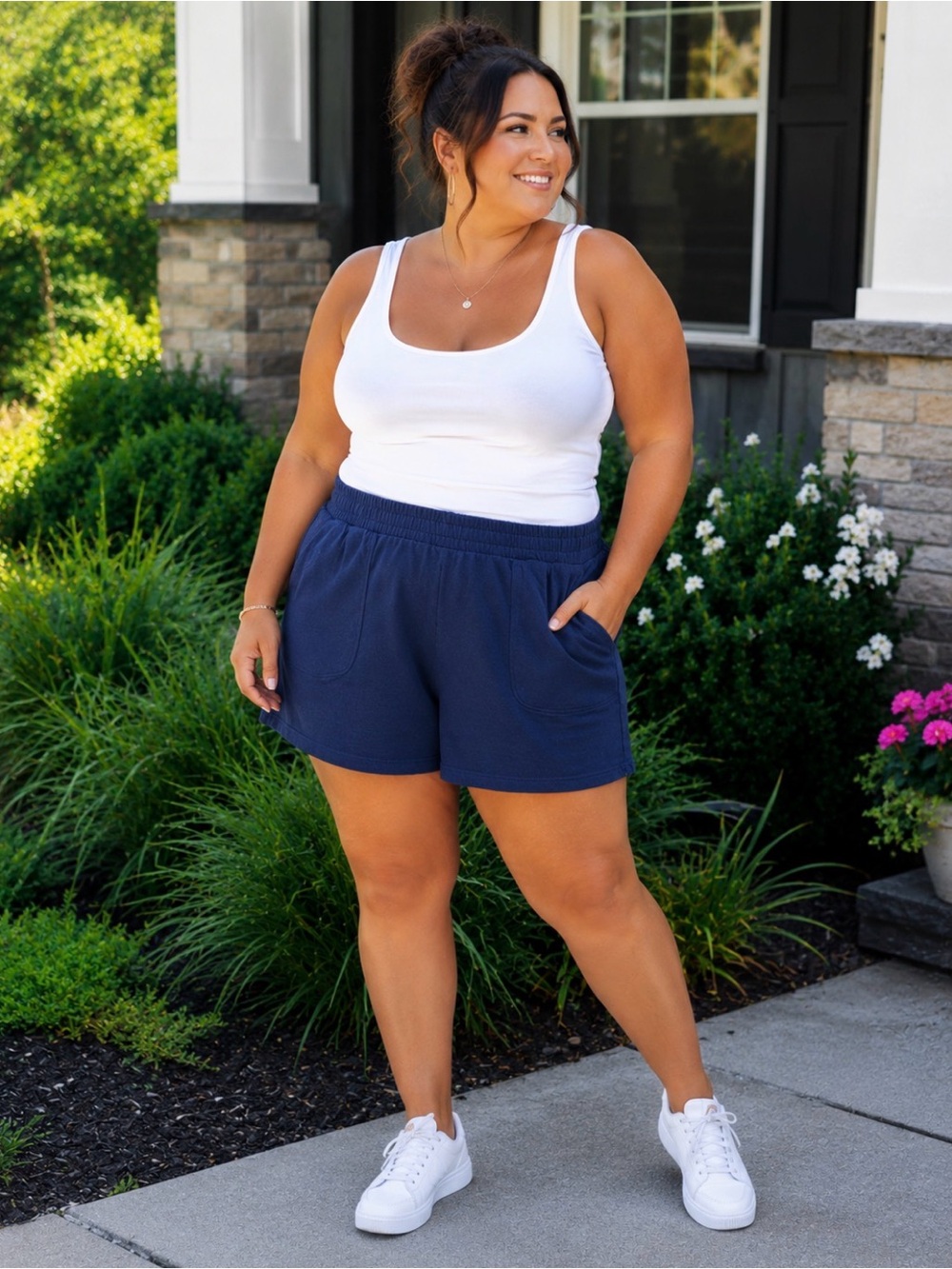 Terra & Sky Navy High-Waist Elastic Pull on Shorts W/ Pockets